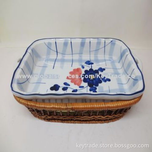 Fine Porcelain 11 and 13.5-inch Waved Rim Rectangular Tray with Basket, Hand Paint